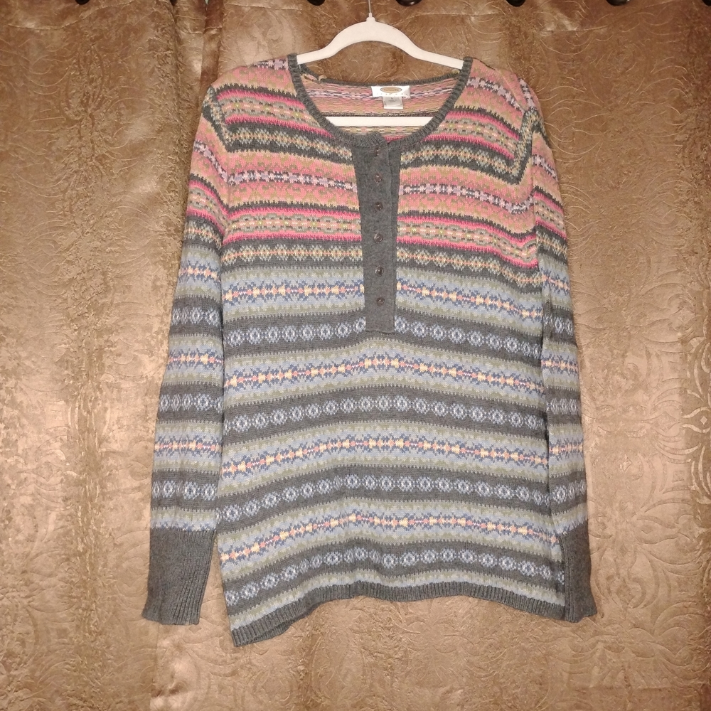 Talbots Gray and Pink Striped‎ Long Sleeve Sweater